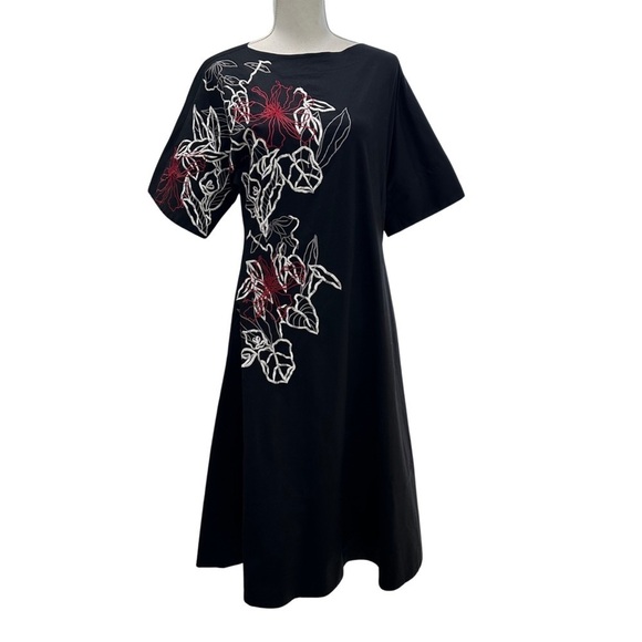 Natori Cotton Poplin Dress Embroidered Midi Black Red White Size X Small - Picture 1 of 7